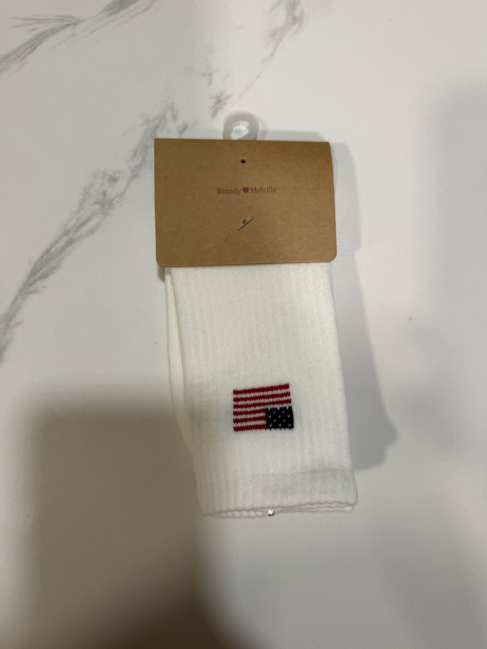Brandy Melville White Crew Socks with Embroidered Flag